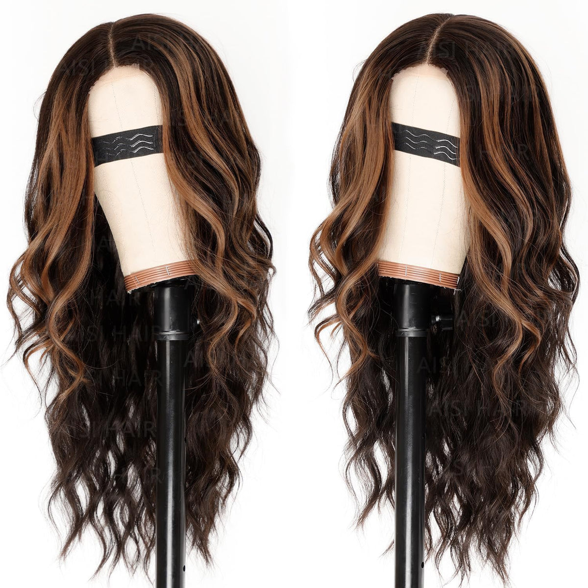 AISI HAIR Brown Highlights Wig side view showcasing lace hairline