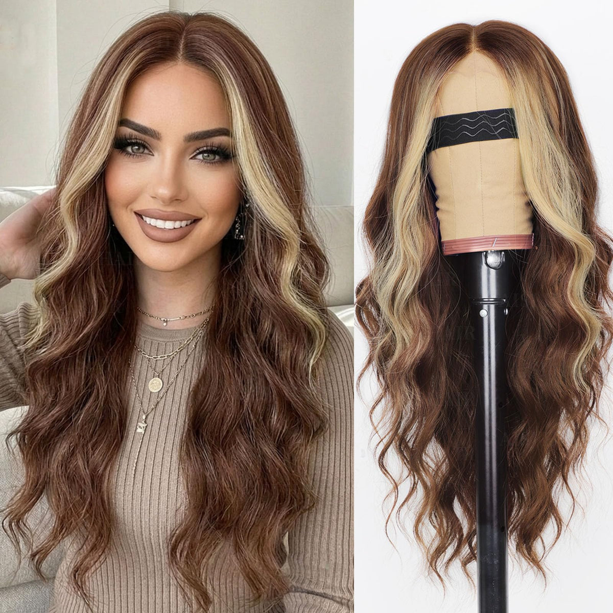 AISI HAIR Brown Mixed Blonde Wavy Wig front view