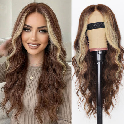 AISI HAIR Brown Mixed Blonde Wavy Wig front view
