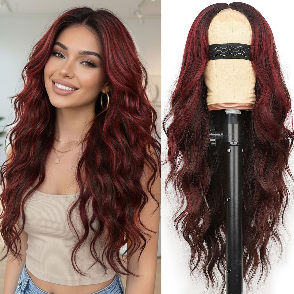 AISI HAIR Brown Mixed Red Wavy Wig 26 Inch front view