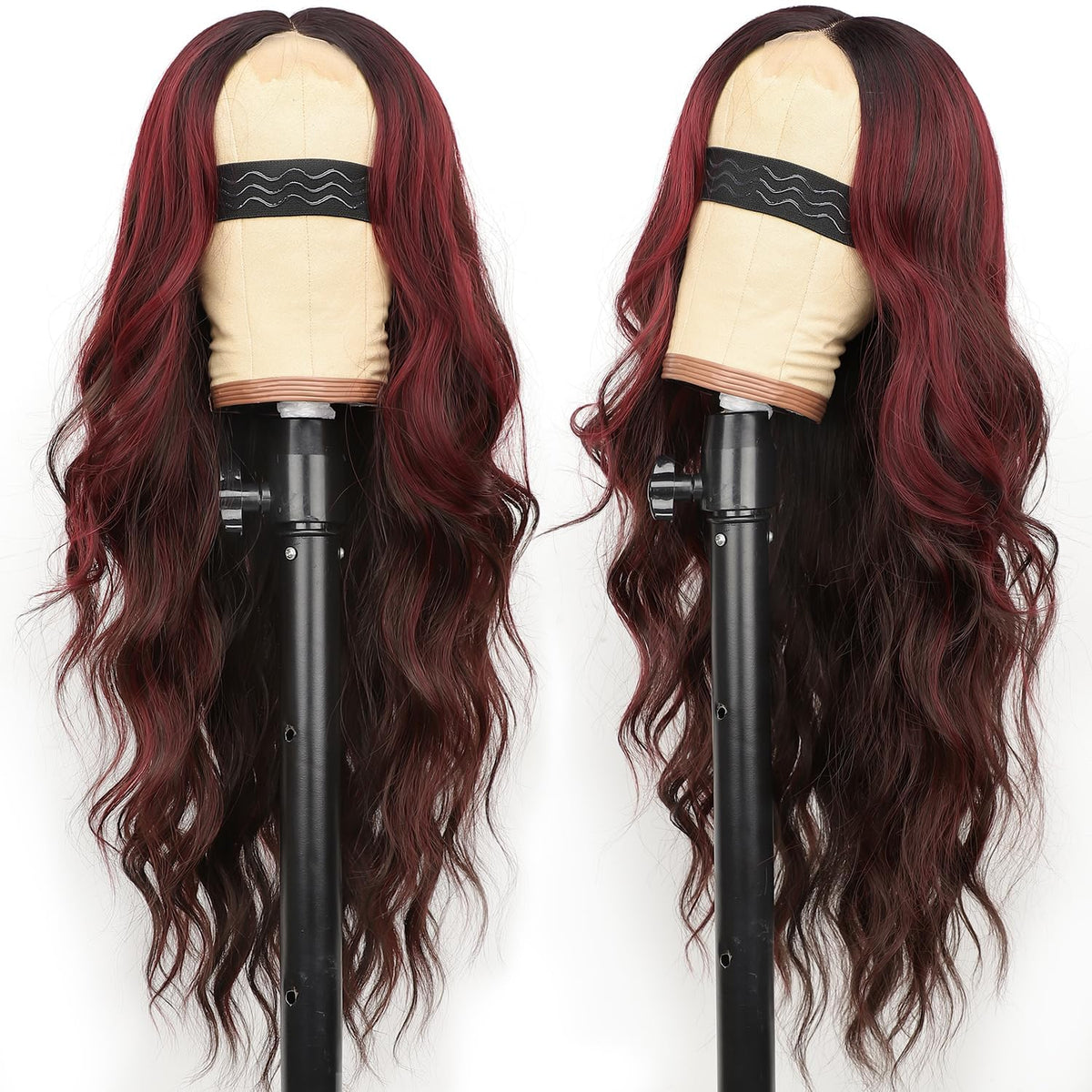 AISI HAIR Brown Mixed Red Wavy Wig 26 Inch side view