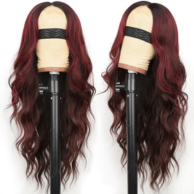 AISI HAIR Brown Mixed Red Wavy Wig 26 Inch side view