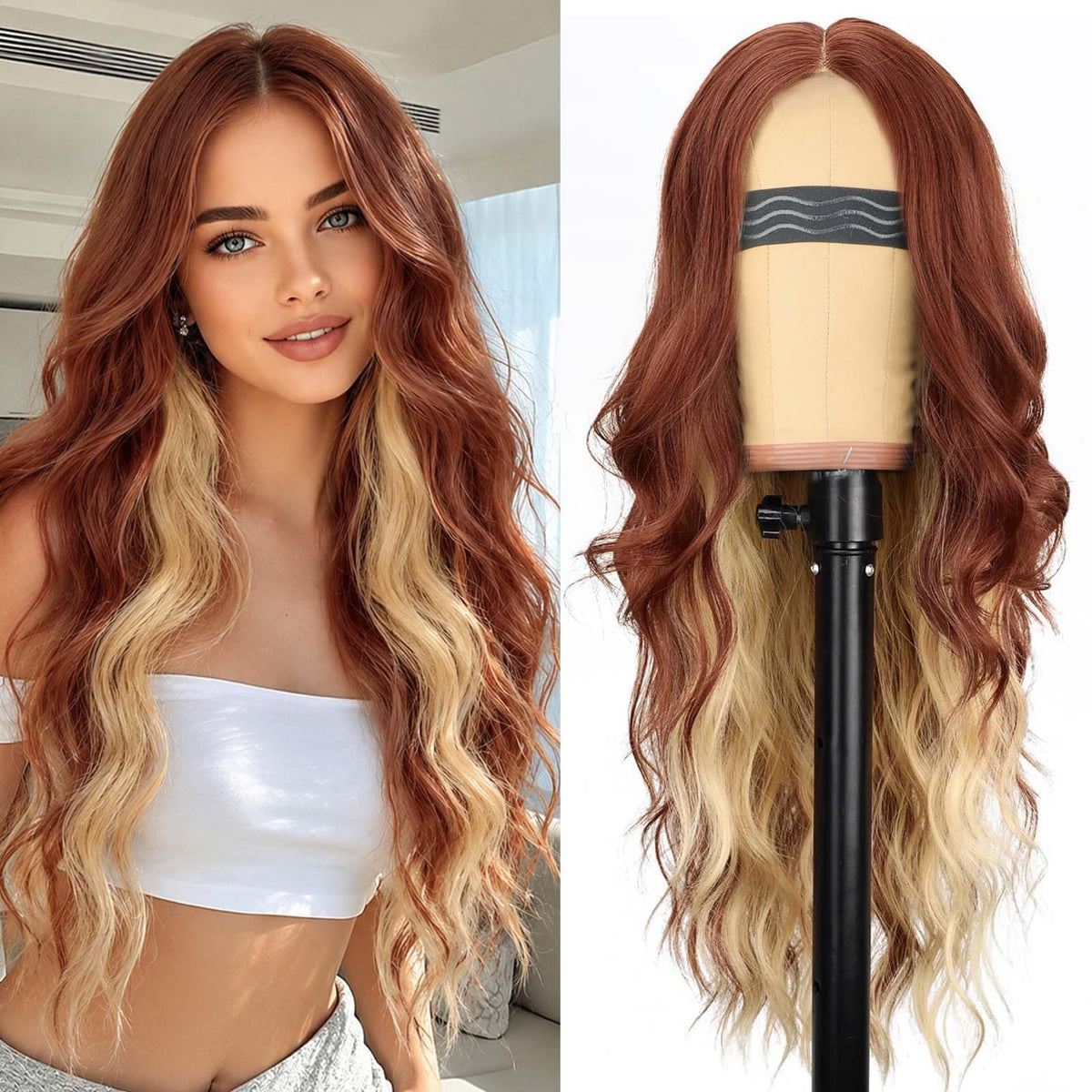 AISI HAIR Copper Blonde Wig front view showcasing long wavy texture