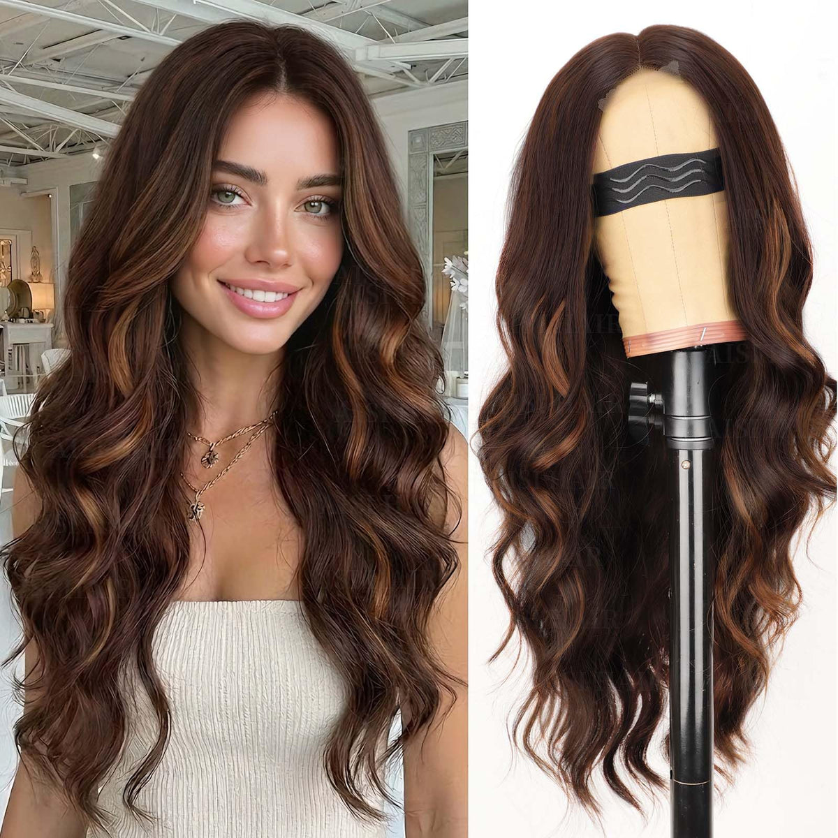 AISI HAIR Copper Brown Wig front view showing wavy texture