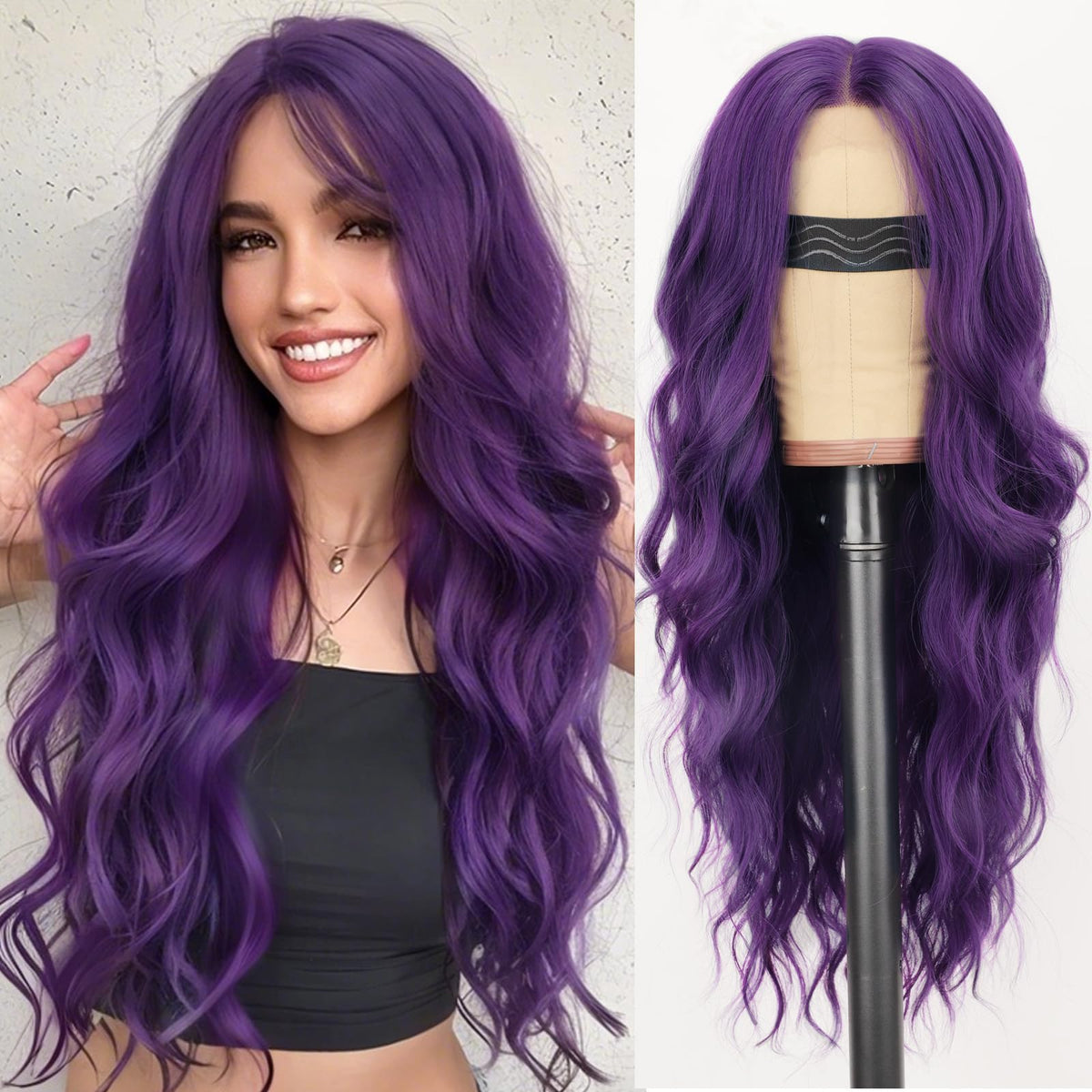AISI HAIR Dark Purple Wig front view with wavy texture