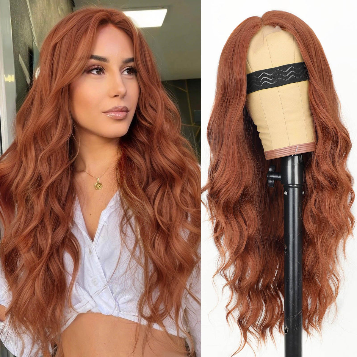 AISI HAIR Ginger Wig front view with long wavy texture