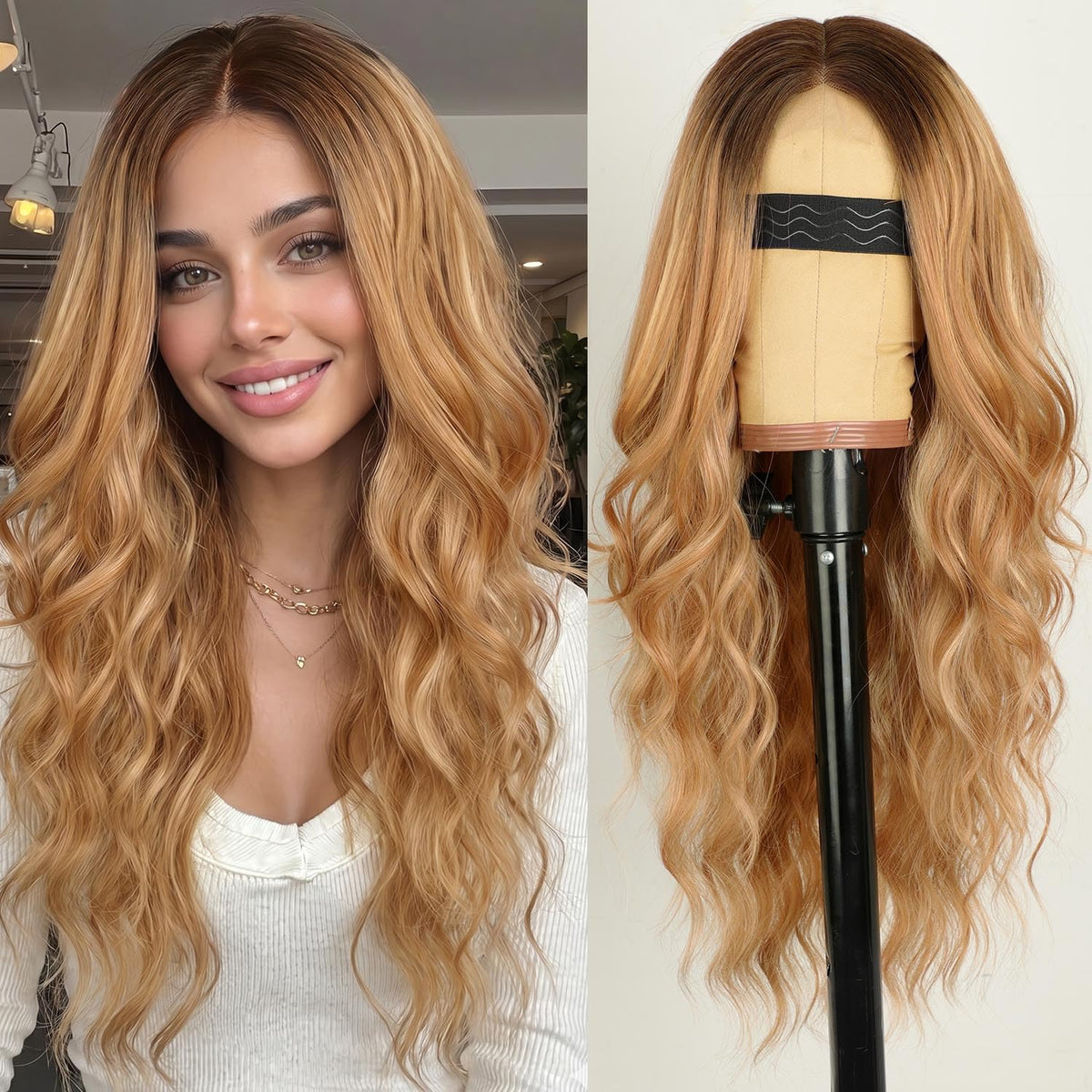 AISI HAIR Honey Blonde Wig front view with long wavy style