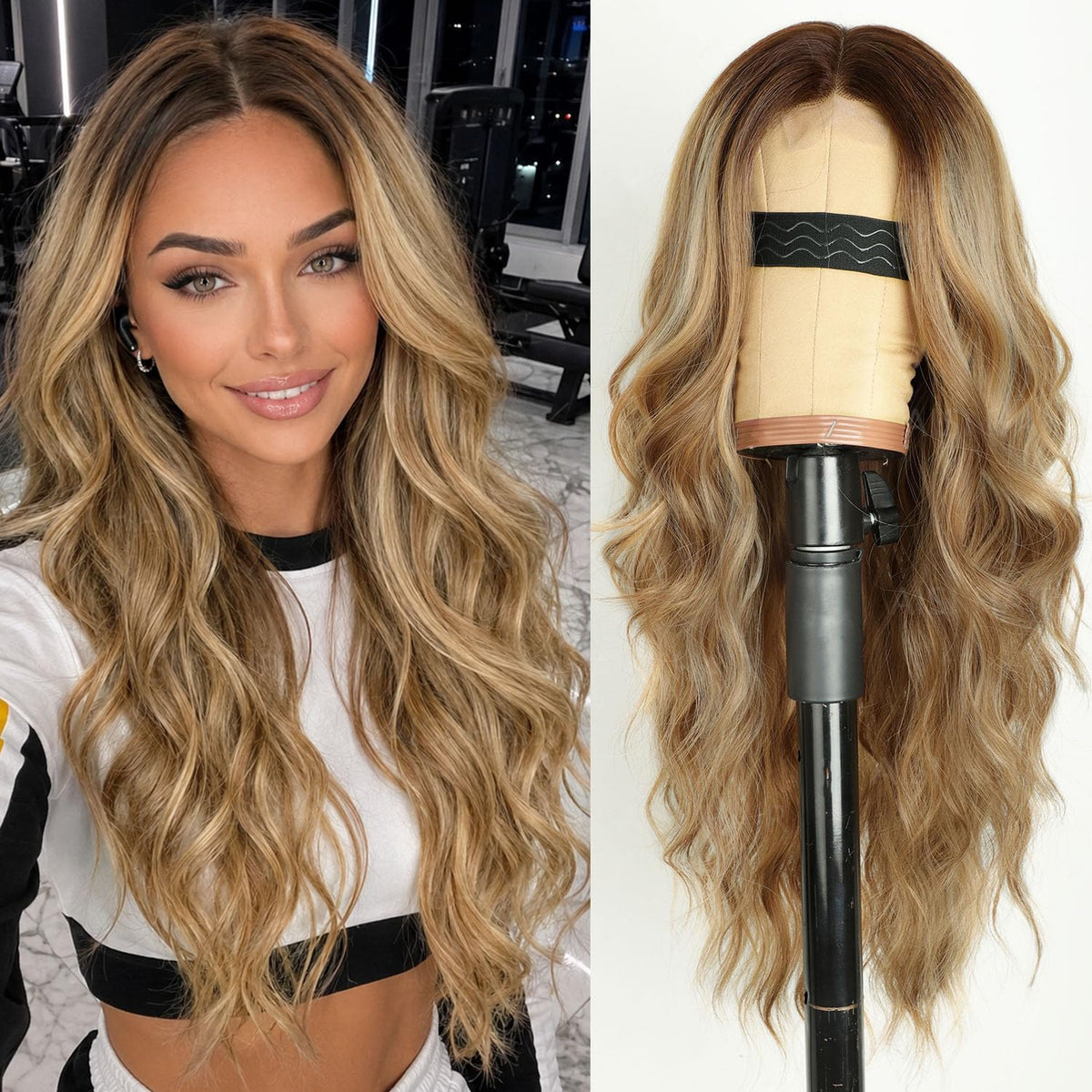 AISI HAIR Honey Brown Wavy Wig front view with blonde highlights
