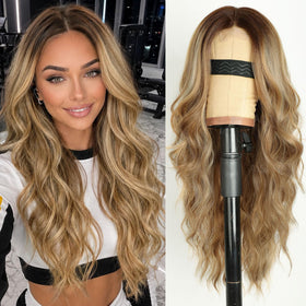AISI HAIR Honey Brown Wavy Wig front view with blonde highlights