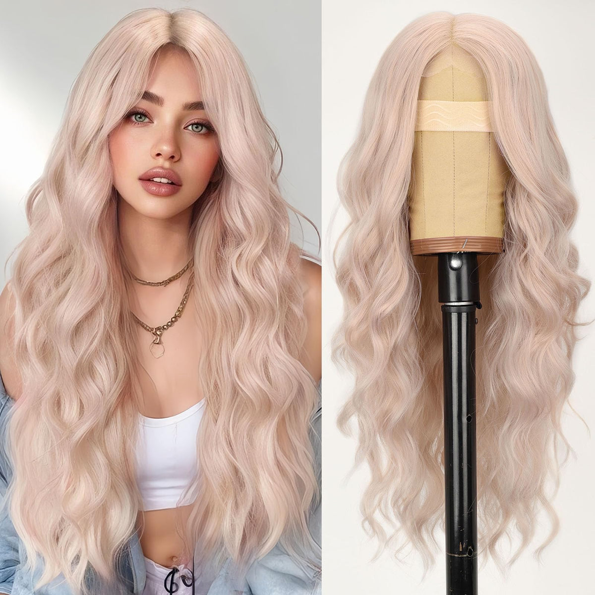 AISI HAIR Light Pink Wig front view with long wavy texture
