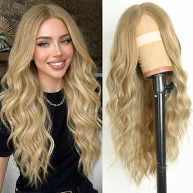 AISI HAIR Long Wavy Beige Blonde Wig front view