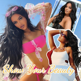 AISI HAIR Long Wavy Black Wig back view highlighting the length
