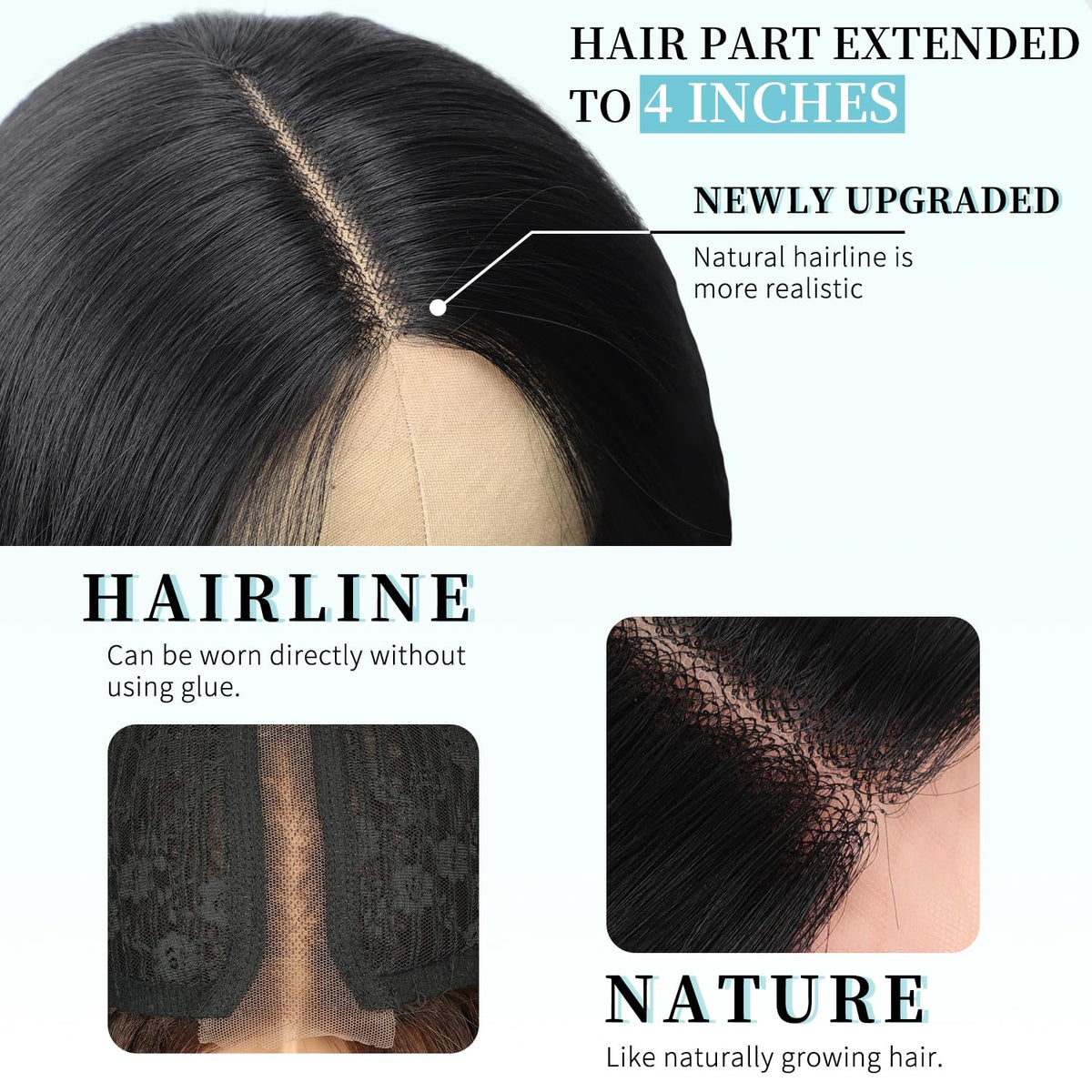 AISI HAIR Long Wavy Black Wig close-up of lace hairline