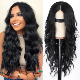 AISI HAIR Long Wavy Black Wig front view with lace hairline