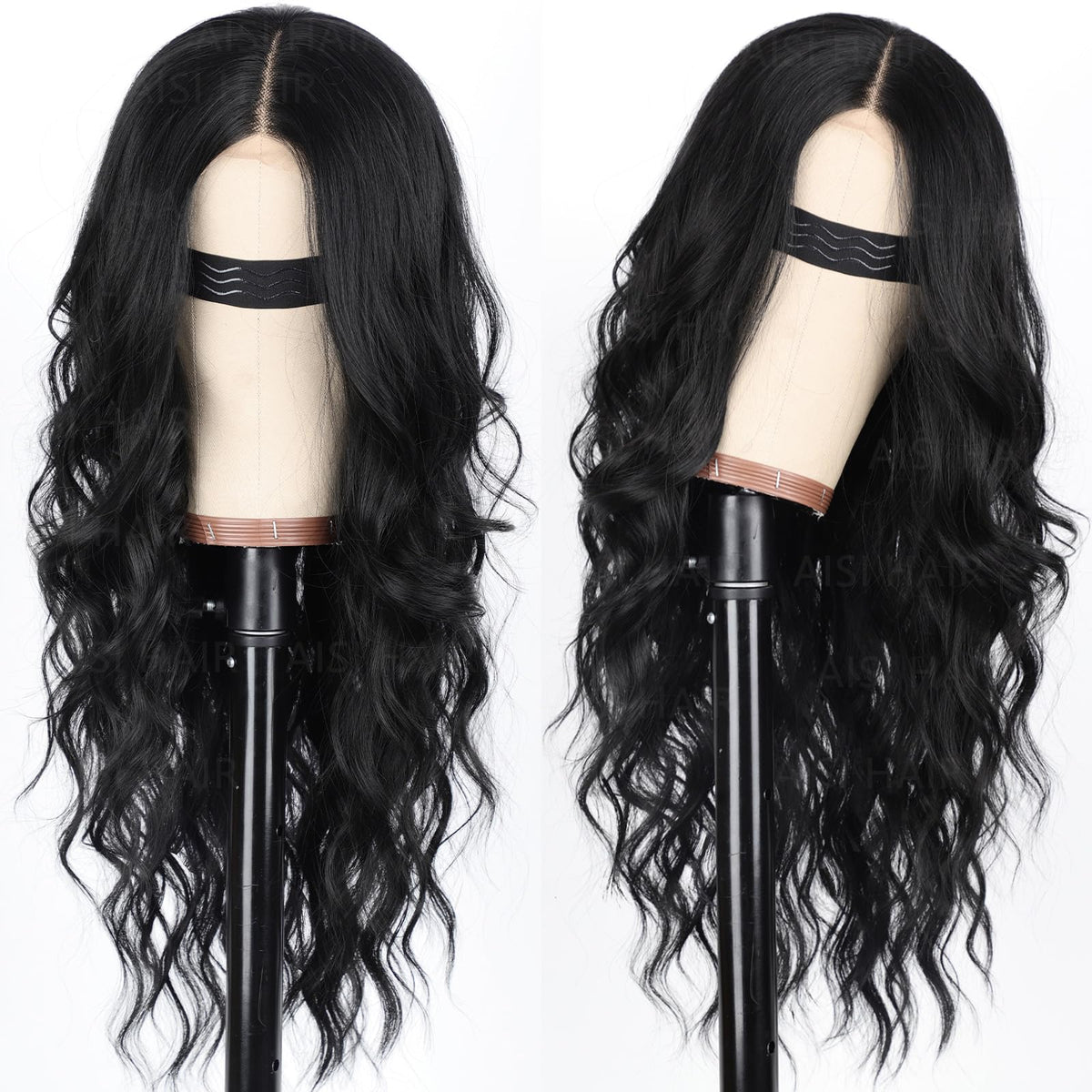 AISI HAIR Long Wavy Black Wig side view showing the soft texture