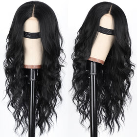 AISI HAIR Long Wavy Black Wig side view showing the soft texture