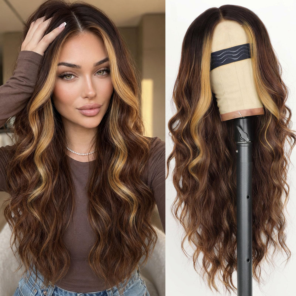AISI HAIR Ombre Brown Wig front view with wavy texture