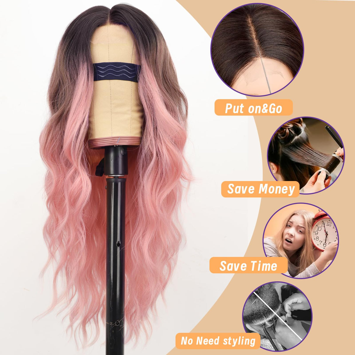 AISI HAIR Ombre Pink Wig close-up of the soft cap design