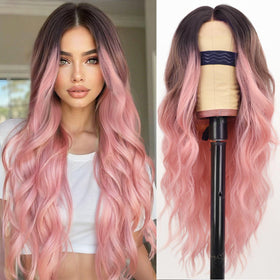AISI HAIR Ombre Pink Wig front view showing wavy texture