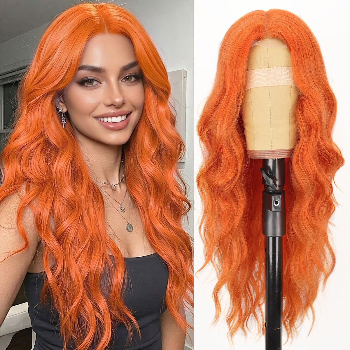 AISI HAIR Orange Wig front view showcasing long wavy texture