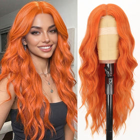 AISI HAIR Orange Wig front view showcasing long wavy texture