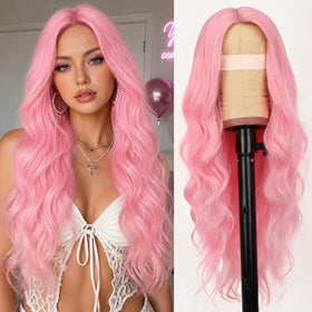 AISI HAIR Pink Wig front view showcasing long wavy style