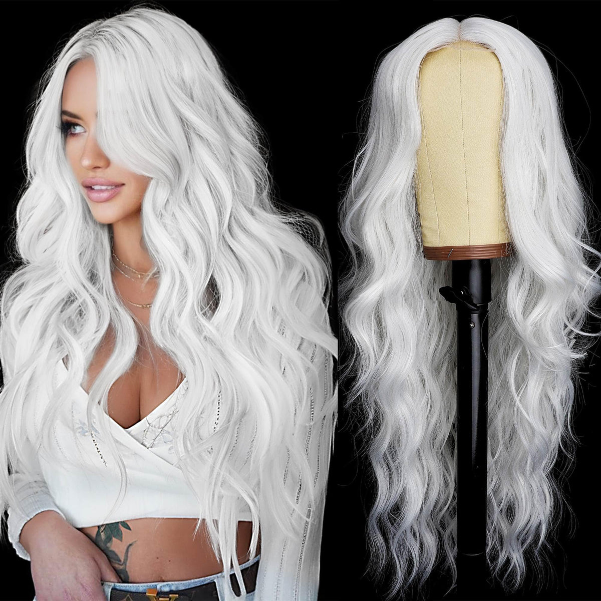 AISI HAIR White Wig front view showcasing long wavy design