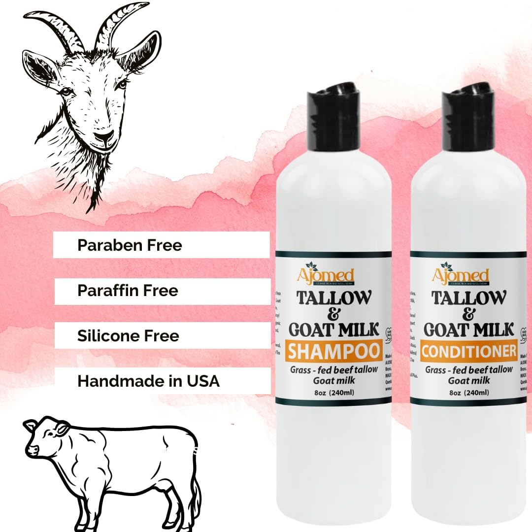 AJOMED COSMETICS Goat Milk and Tallow Shampoo 12oz with ingredients display