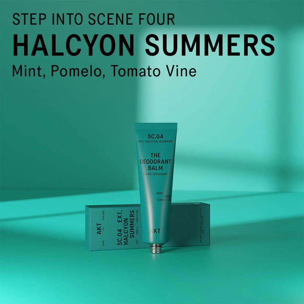 AKT Deodorant Balm Halcyon Summers displayed with awards