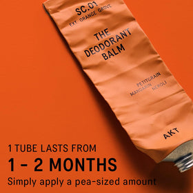 AKT Deodorant Balm SC.01 Orange Grove on a bathroom shelf