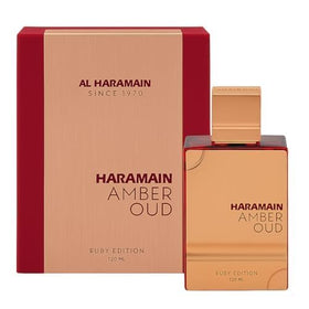 Al Haramain Amber Oud Ruby Edition bottle on a vanity