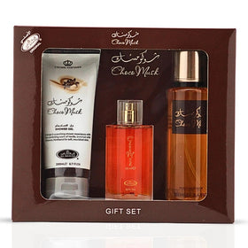 Al-Rehab Choco Musk 3-Piece Gift Set front view with Eau de Parfum, Shower Gel, and Body Mist