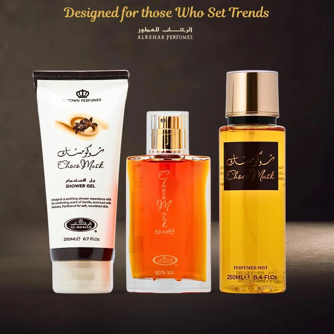 Al-Rehab Choco Musk gift set displayed with decorative elements