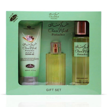 Al-Rehab Choco Musk Pistachio Gift Set front view with Eau de Parfum, Shower Gel, and Body Mist