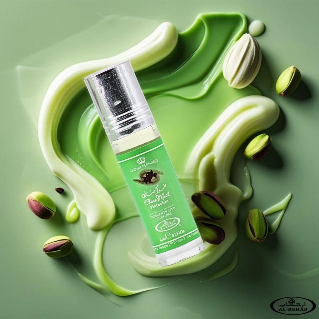 Al-Rehab Choco Musk Pistachio Perfume Oil Roll-On 6ml with a floral background