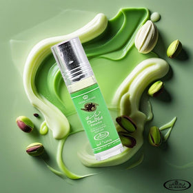 Al-Rehab Choco Musk Pistachio Perfume Oil Roll-On 6ml with a floral background