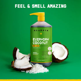 Alaffia Everyday Coconut Body Wash displayed with coffee fruit