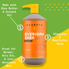 Alaffia EveryDay Shea Body Wash with ingredients display