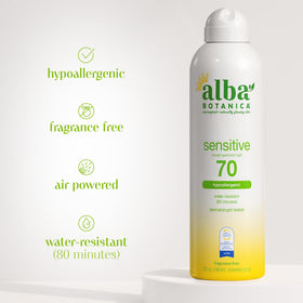 Alba Botanica Sensitive Sunscreen Spray SPF 70 with beach background