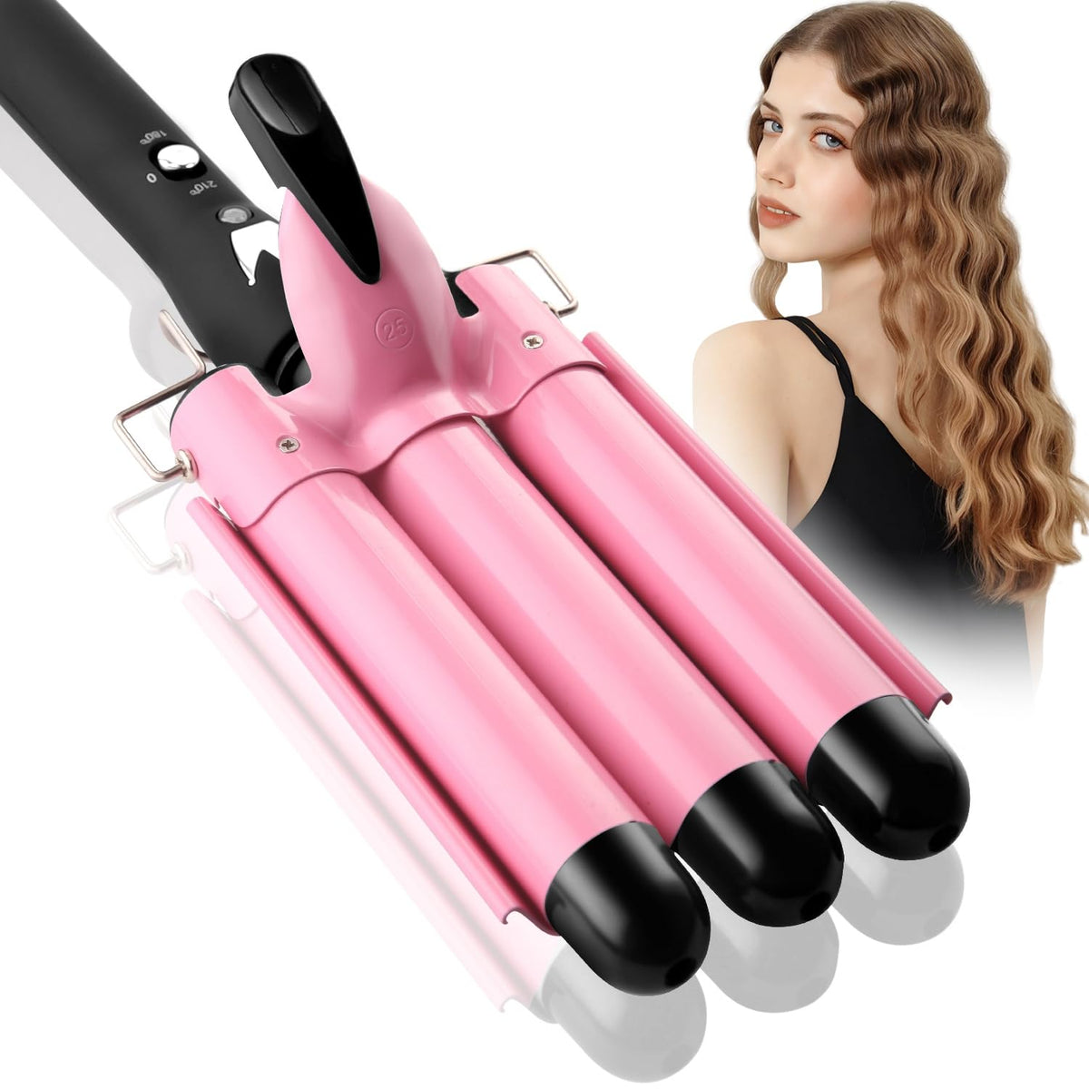 Aleath 3 Barrel Curling Iron front view in pink