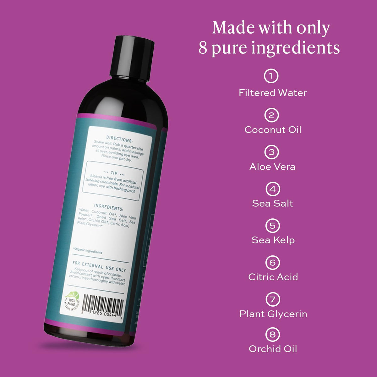Aleavia Body Cleanse 16 Oz bottle with orchid flowers in background