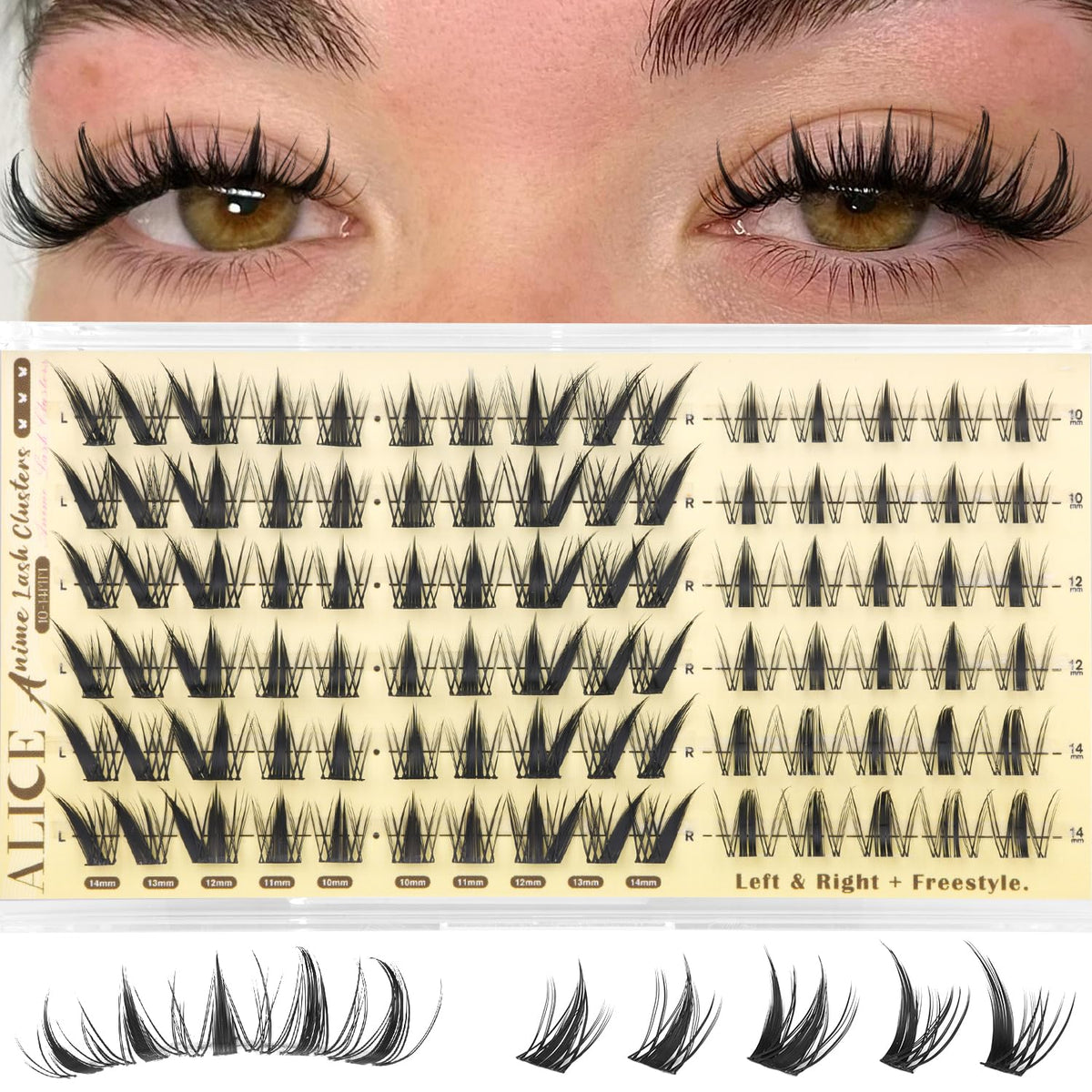 ALICE Lash Clusters 10-14mm front view with wispy texture
