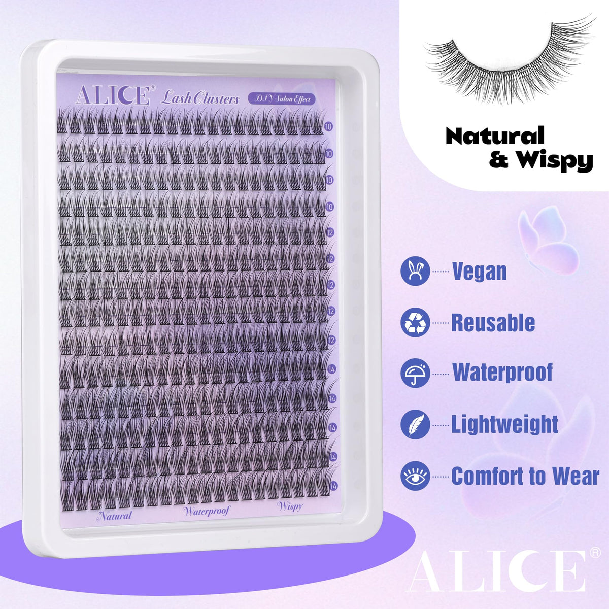 ALICE Natural Lash Clusters 10-14mm on a makeup table