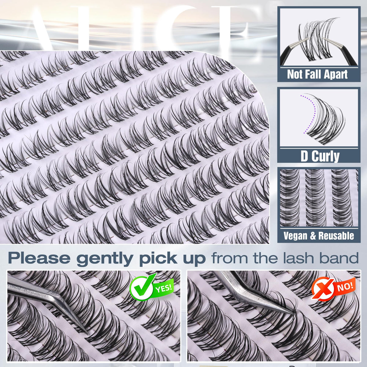 ALICE Natural Short Lash Clusters display with application tools