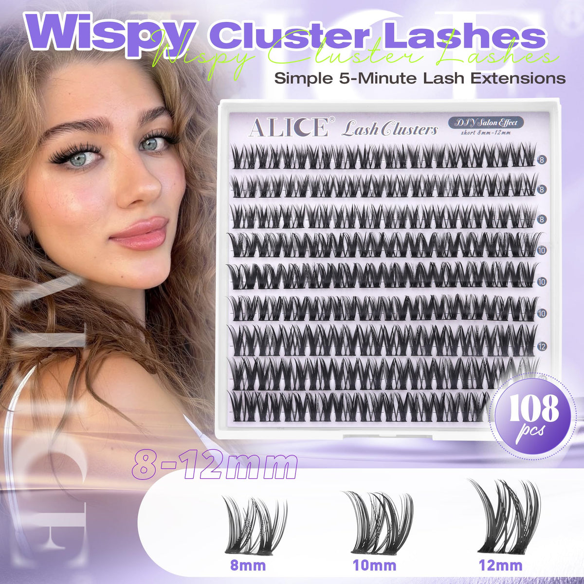 ALICE Short Lash Clusters 8-12mm showing wispy texture
