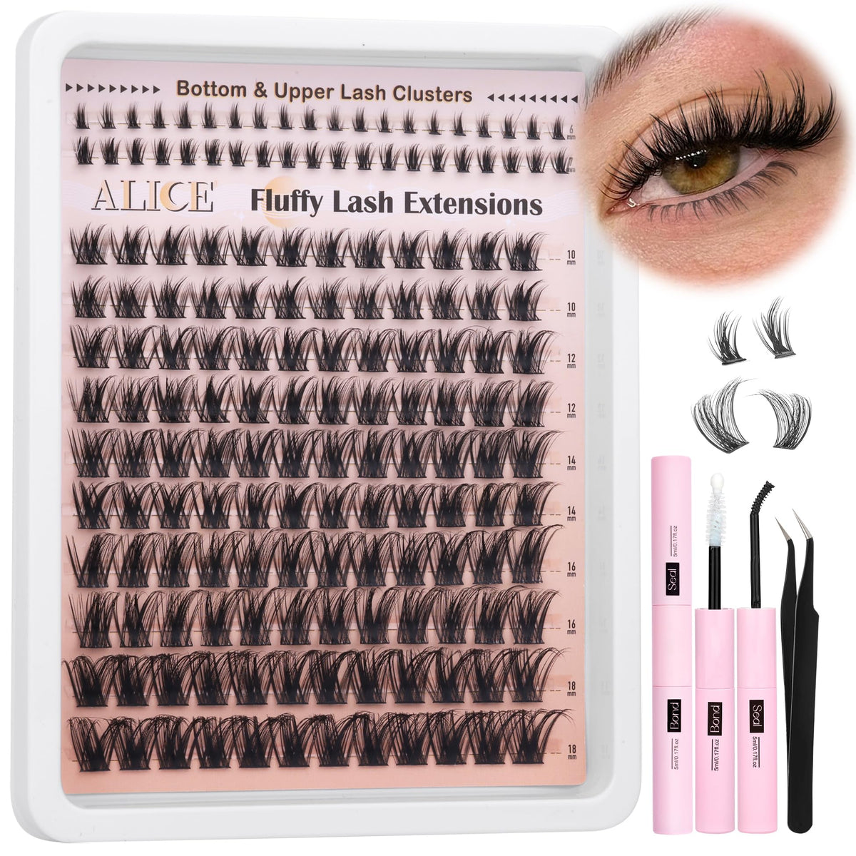 ALICE Wispy Lash Clusters Kit front view with various lash lengths