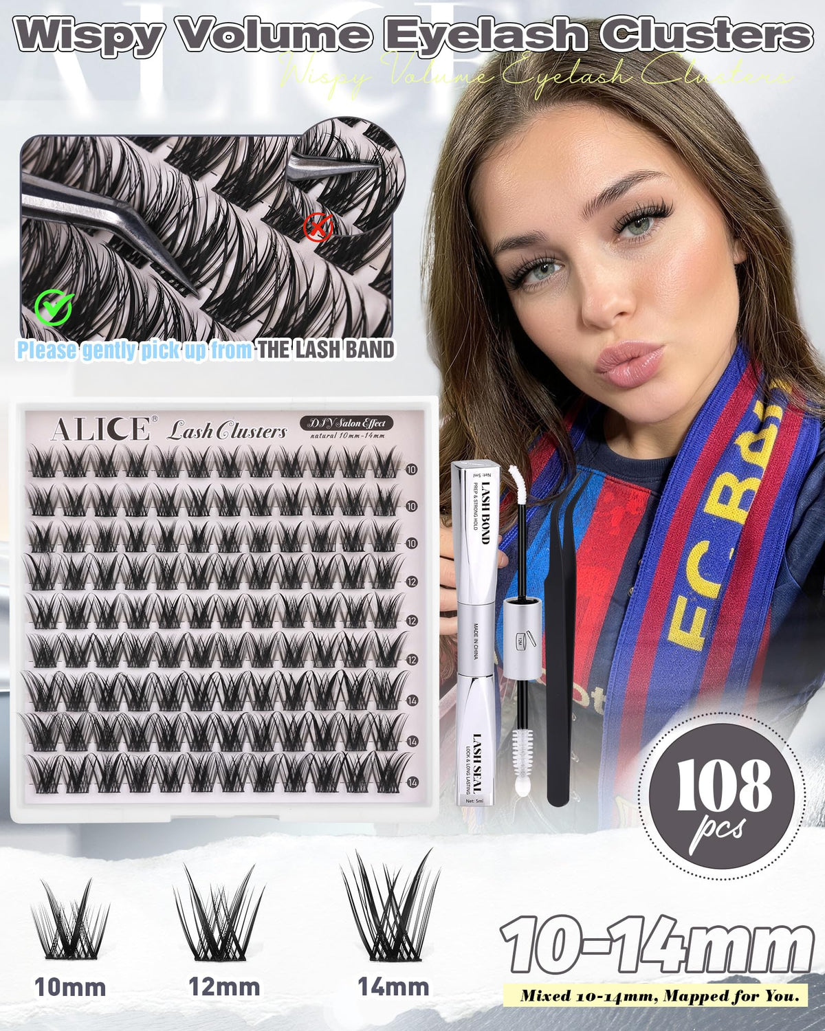 ALICE Wispy Lash Clusters Kit showing different lash lengths