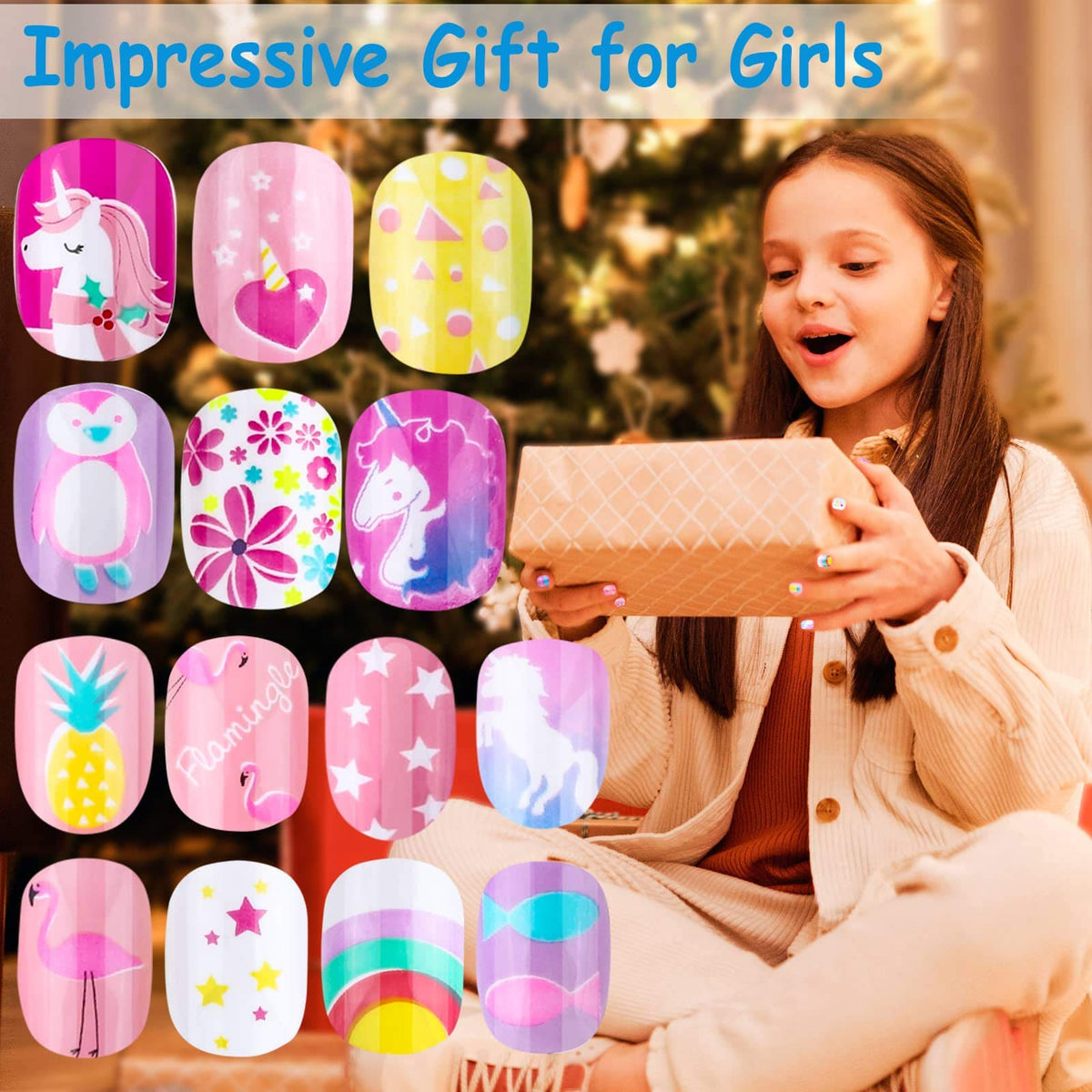 All 144 pieces of Thrilez kids press on nails displayed