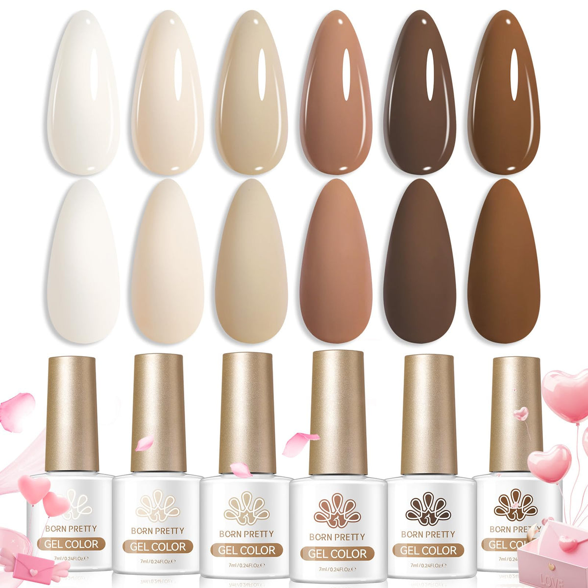 All 6 colours of Born Pretty gel nail polish displayed