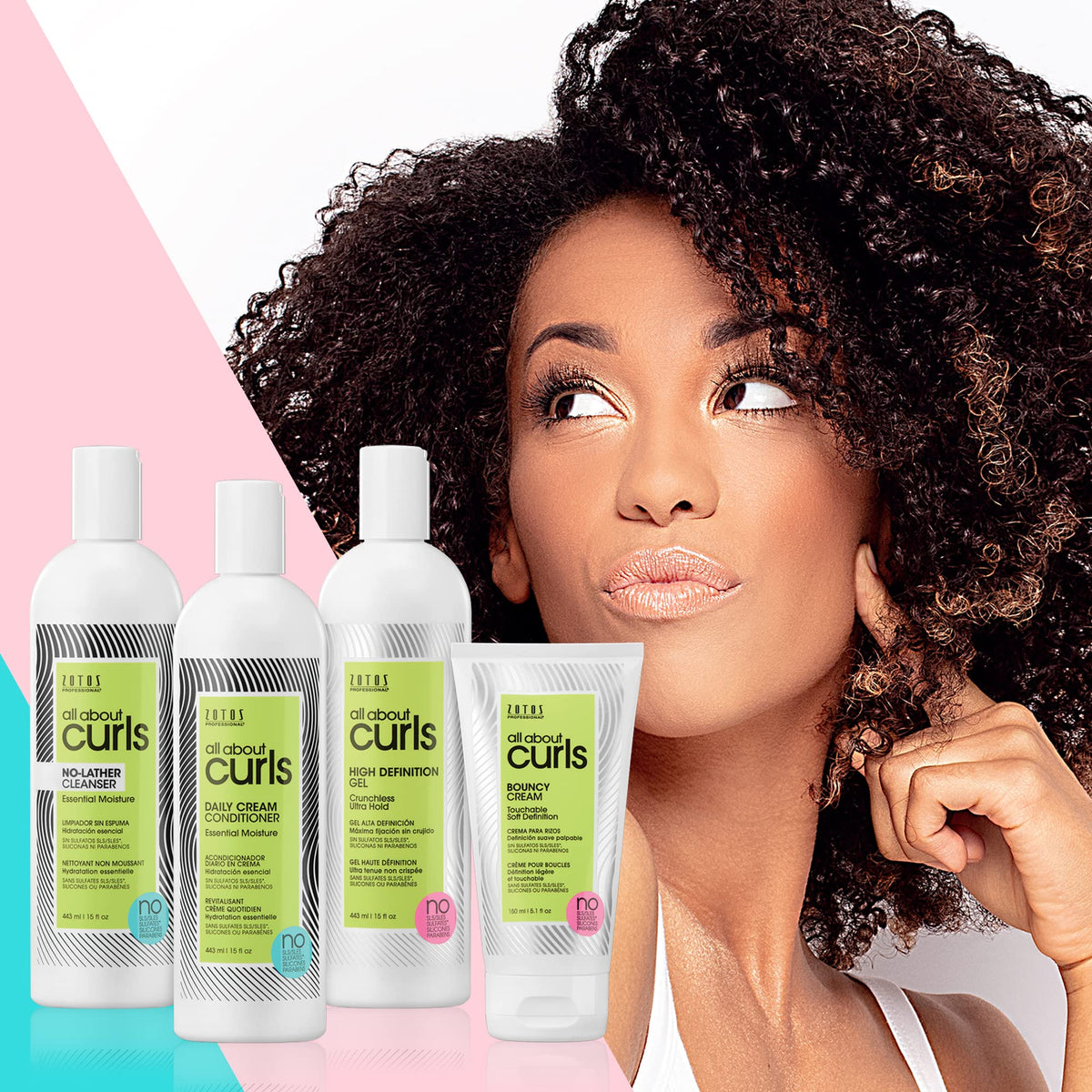 ALL ABOUT CURLS Bouncy Cream on a vanity with other hair care products
